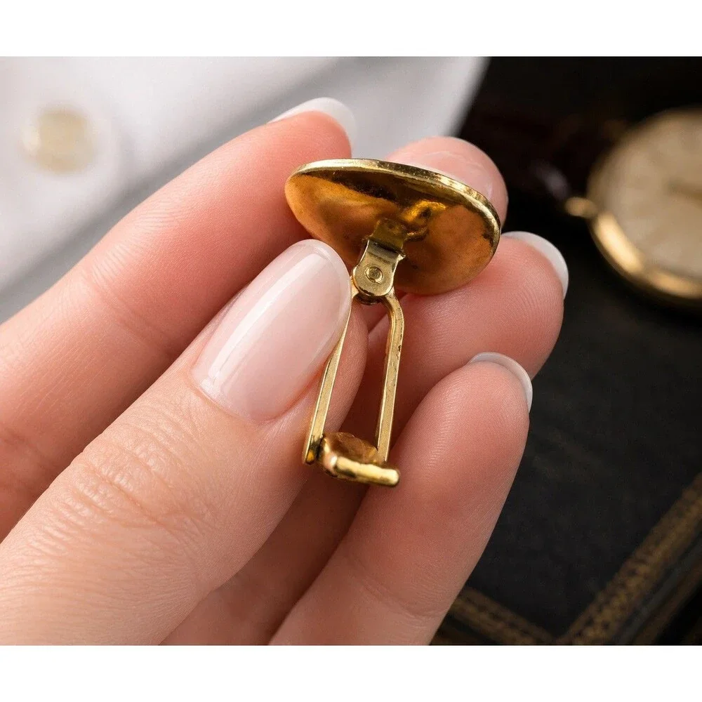 Vintage 1960s Gold Tone Black Enamel Heraldic Eagle Crest Cufflinks MCM Men’s